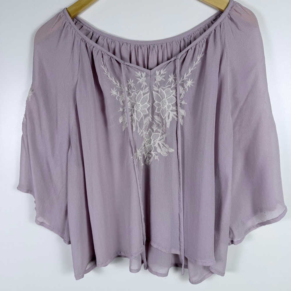 Fairycore Festival World Market Lilac Floral Embroidered Tie Neck Blouse Sz S M - Picture 3 of 10